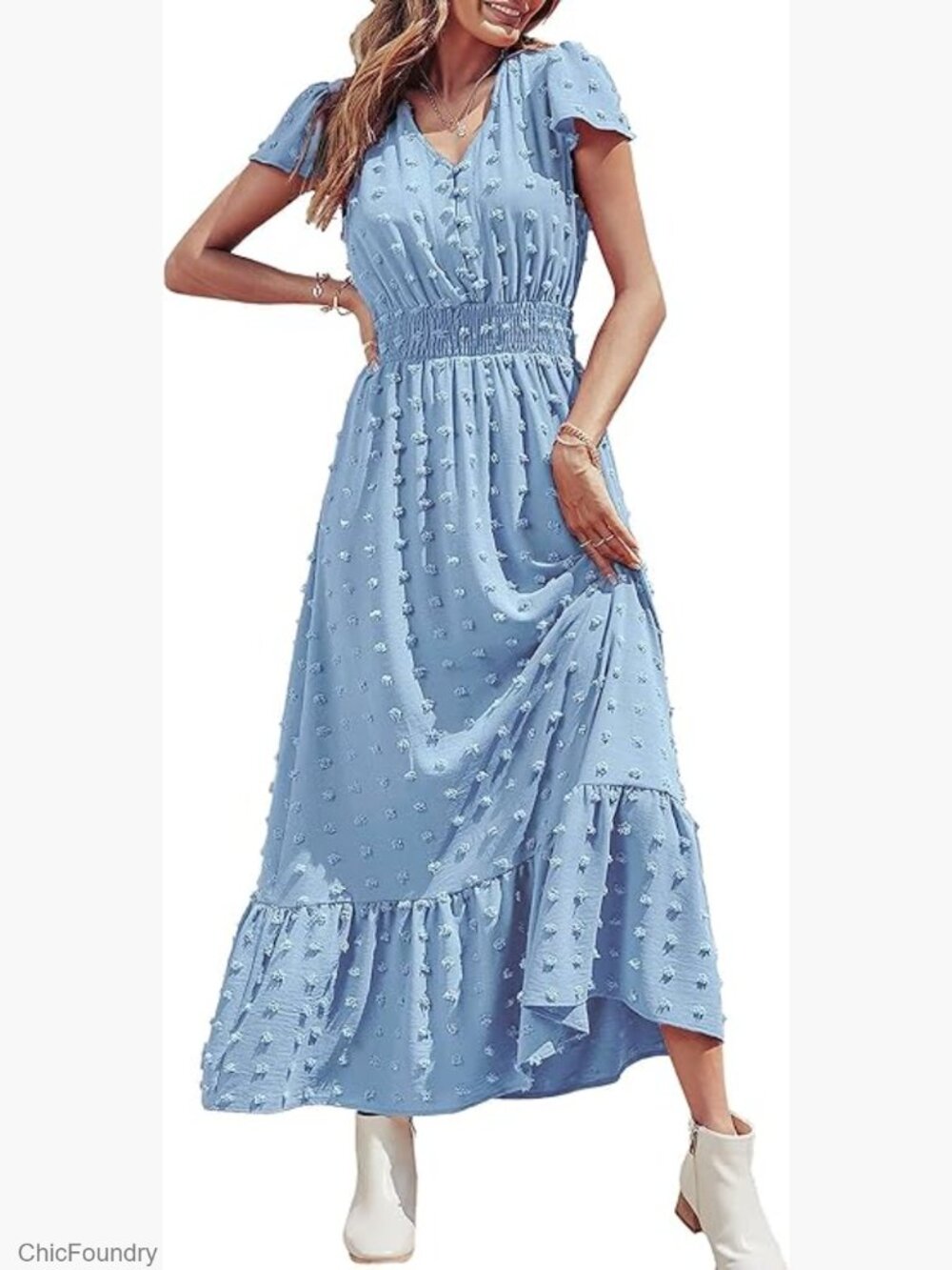 Maxi Dress Boho V-Neck Short Sleeve Smocked Ruffle Tiered Flowy